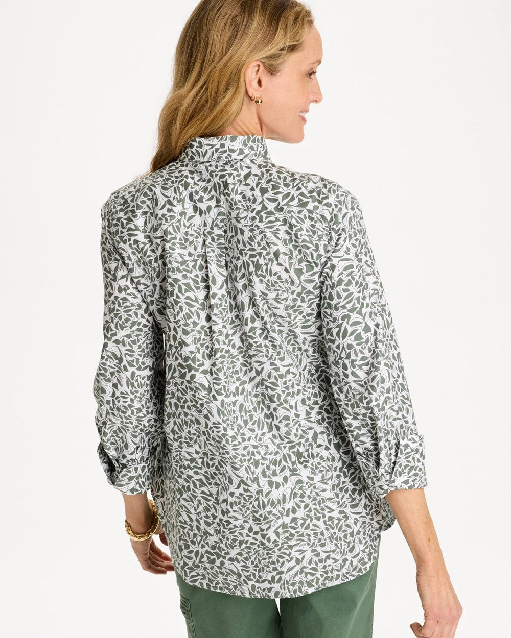 Chico's | Printed No Iron Stretch Shirt/ Kelp Forest
