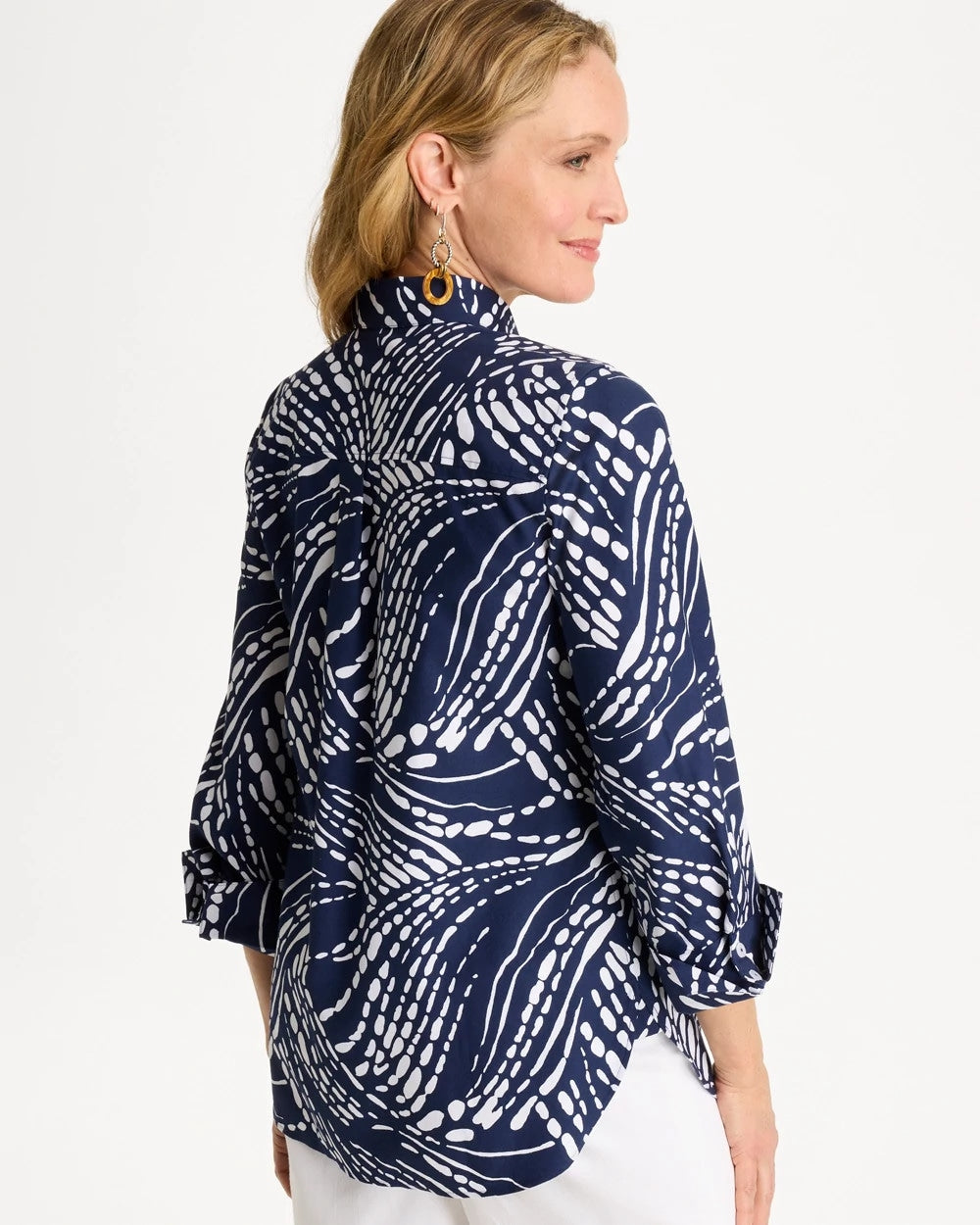 Chico's | Printed No Iron Stretch Shirt/ Passport Blue