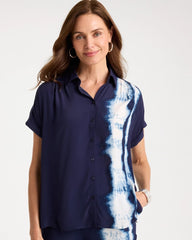 Chico's | Faux Silk Henley Colorblock Top/ Passport Blue