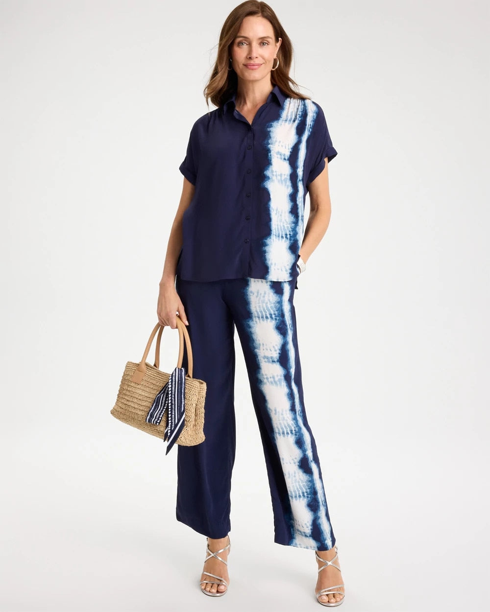 Chico's | Faux Silk Henley Colorblock Top/ Passport Blue