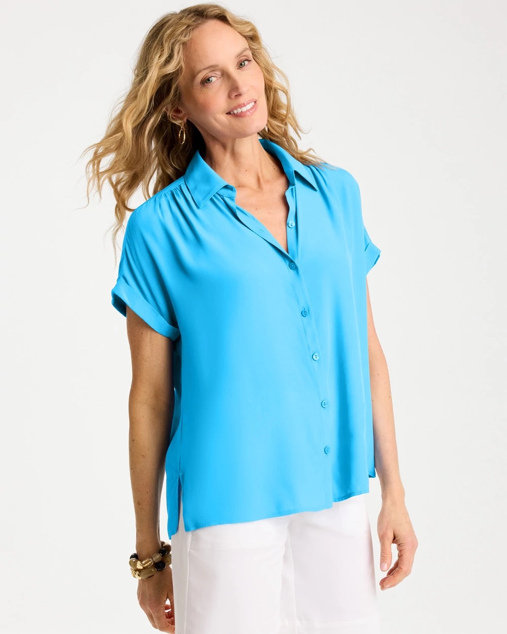 Chico's | Faux Silk Henley Top/ Blue Tide