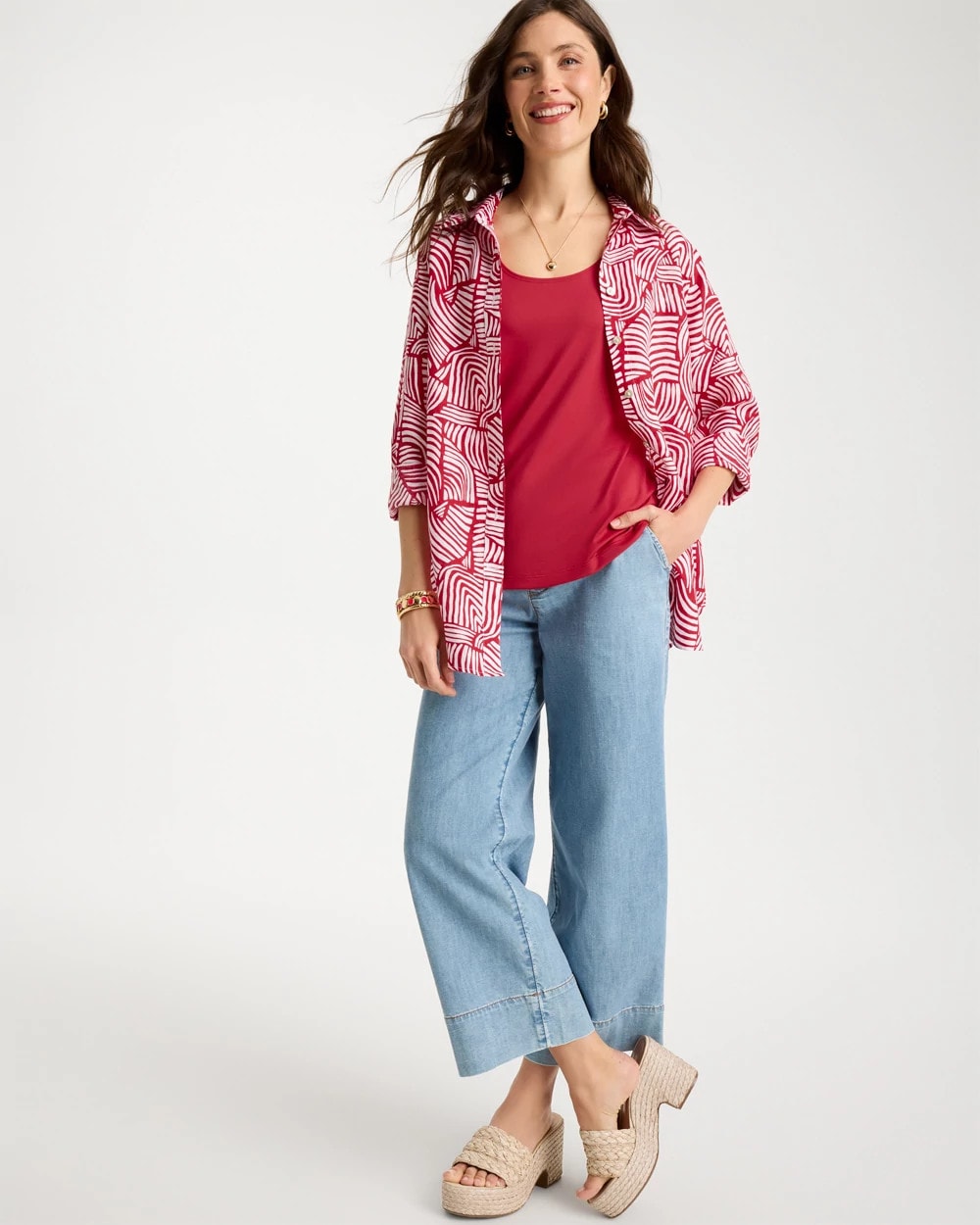 Chico's | No Iron™ Linen Geo Print Shirt/ Cherry Lush