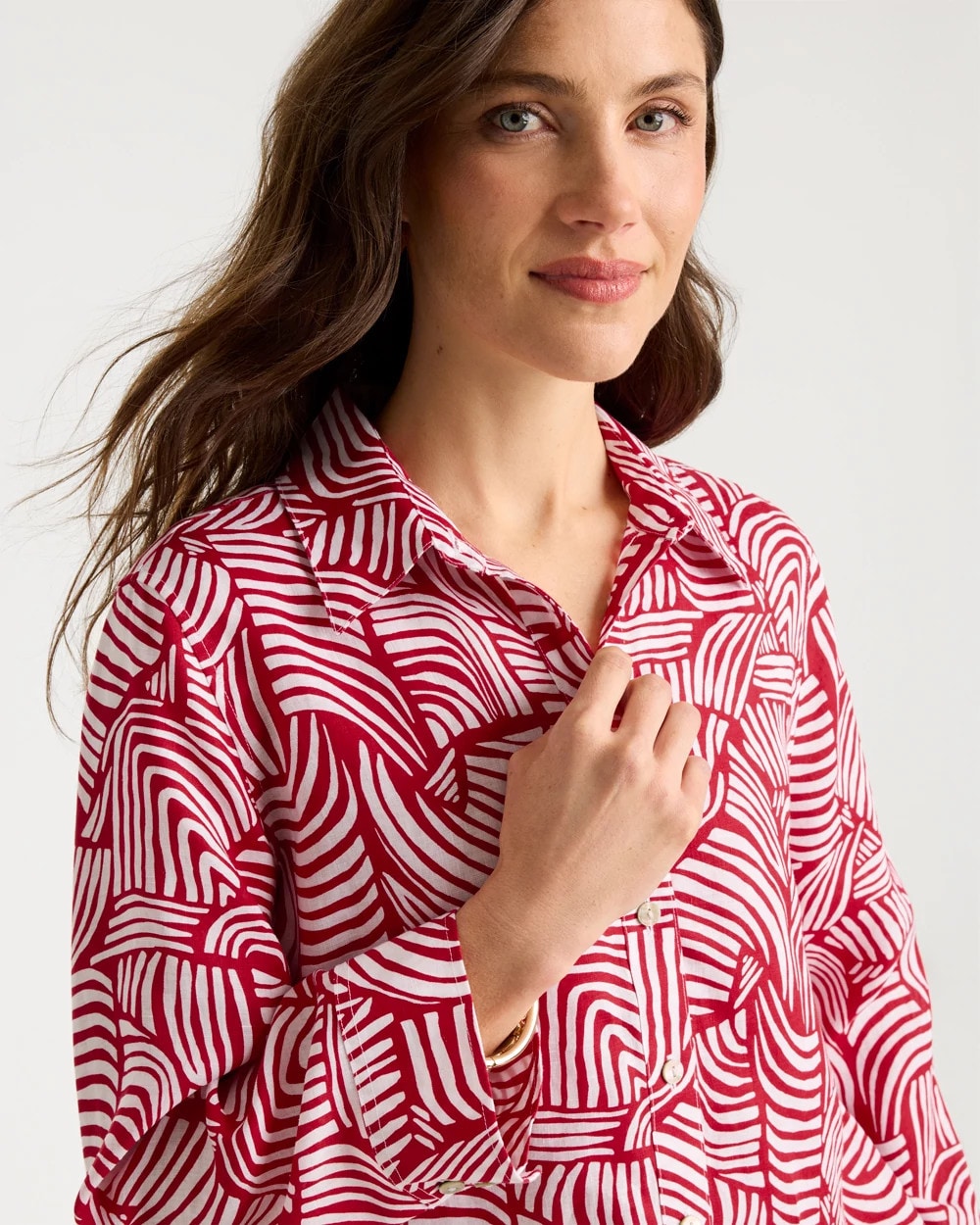 Chico's | No Iron™ Linen Geo Print Shirt/ Cherry Lush
