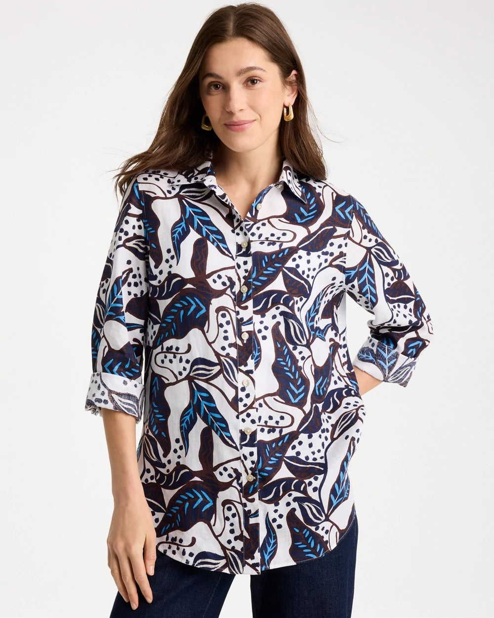 Chico's | Printed No Iron Linen Shirt/ Passport Blue