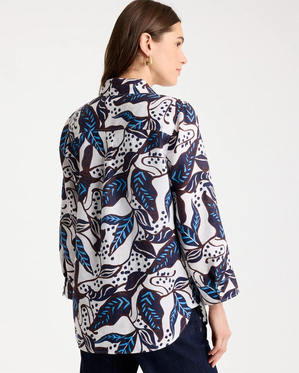 Chico's | Printed No Iron Linen Shirt/ Passport Blue