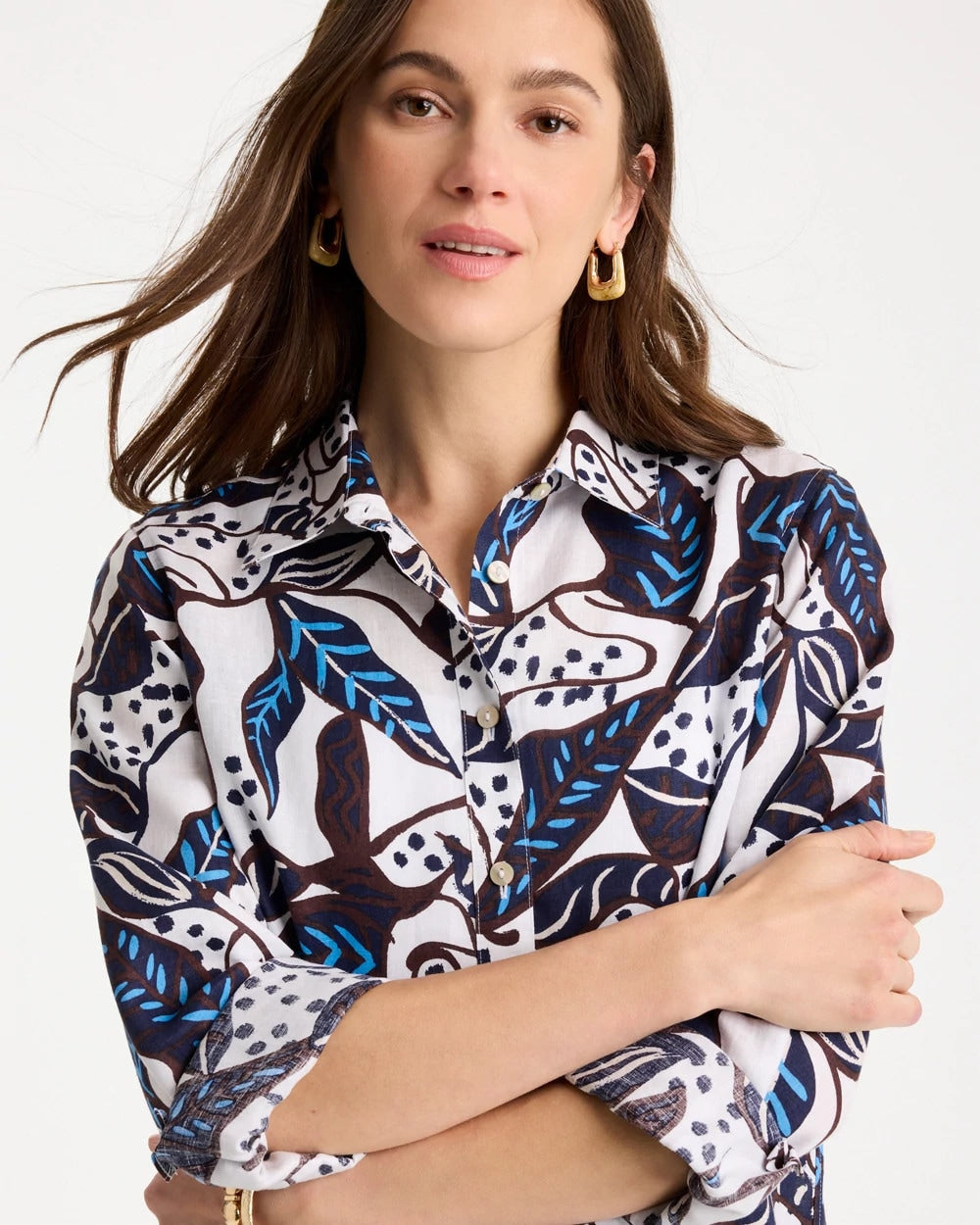 Chico's | Printed No Iron Linen Shirt/ Passport Blue