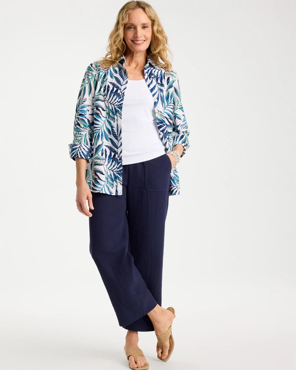 Chico's | Palm No Iron Stretch Shirt/ Passport Blue