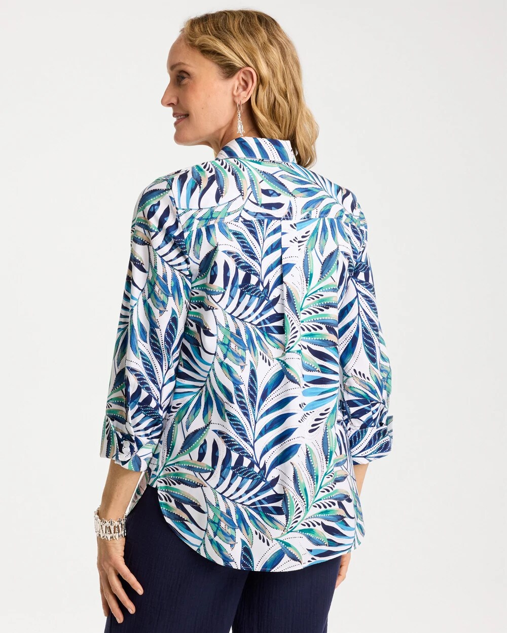 Chico's | Palm No Iron Stretch Shirt/ Passport Blue