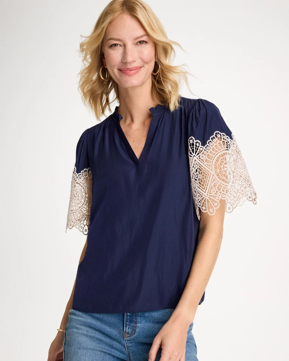 Chico's | Sea Island Crochet Lace Blouse/ Passport Blue