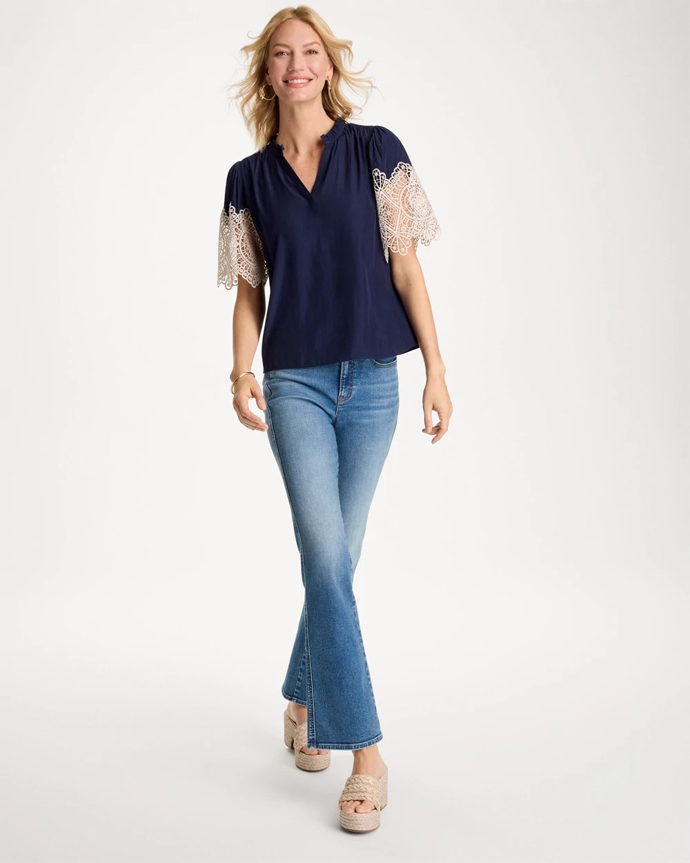 Chico's | Sea Island Crochet Lace Blouse/ Passport Blue