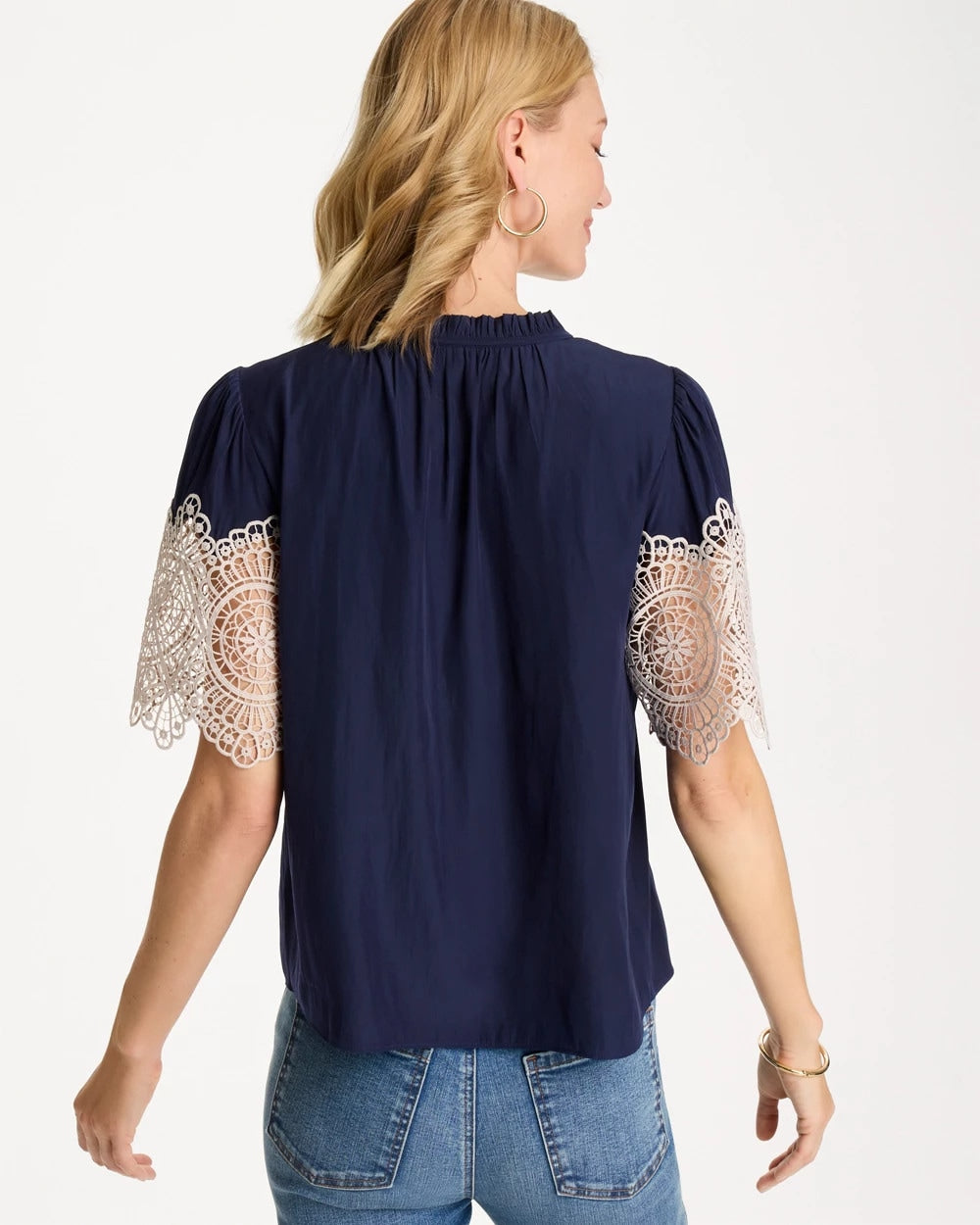 Chico's | Sea Island Crochet Lace Blouse/ Passport Blue