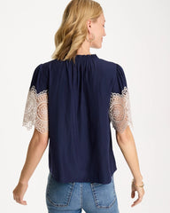 Chico's | Sea Island Crochet Lace Blouse/ Passport Blue