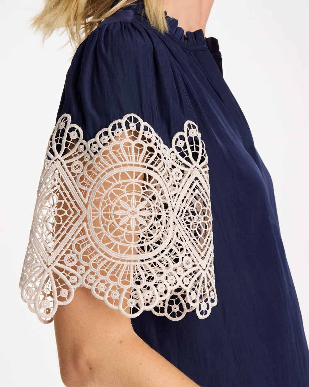 Chico's | Sea Island Crochet Lace Blouse/ Passport Blue