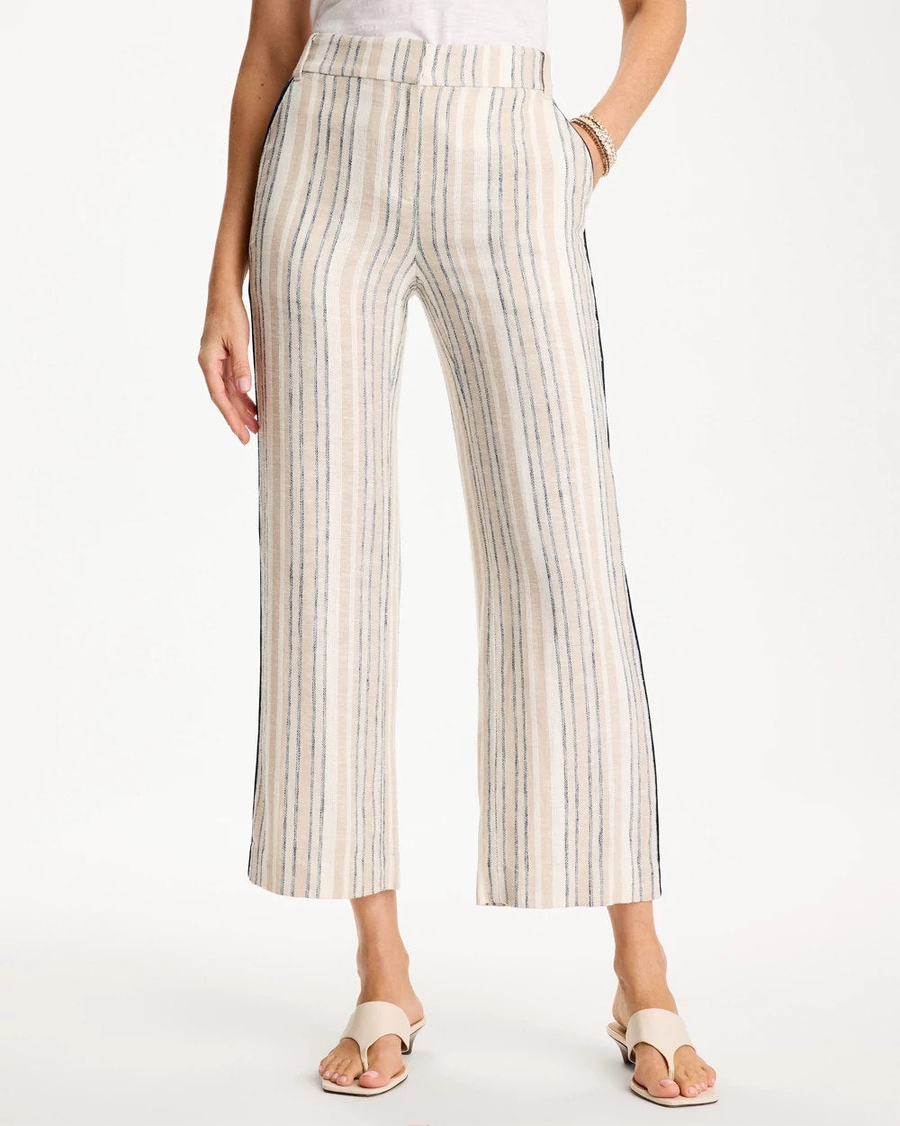 Chico's | Striped Piped Linen Fly Front Pants/ Neutral