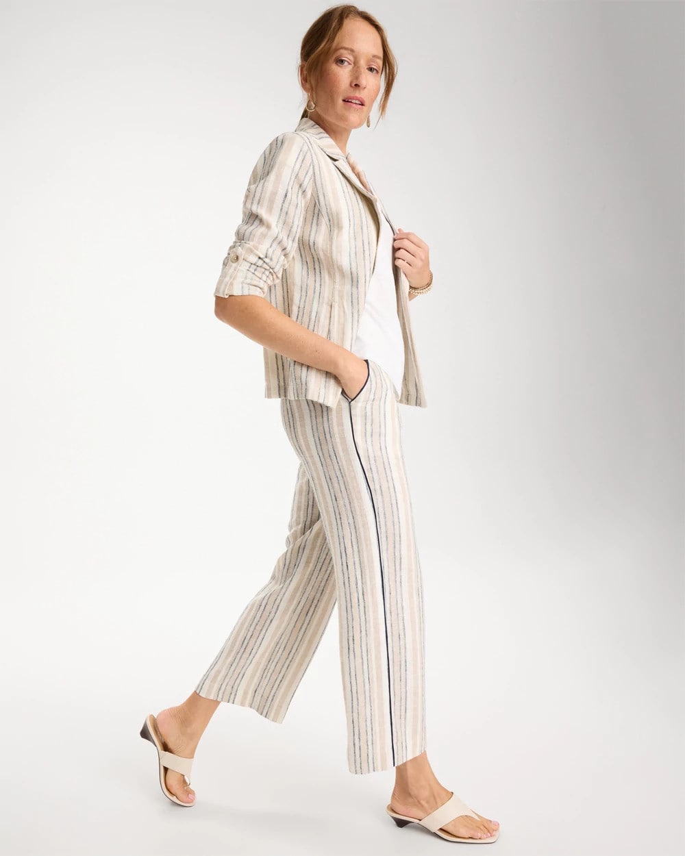 Chico's | Striped Piped Linen Fly Front Pants/ Neutral