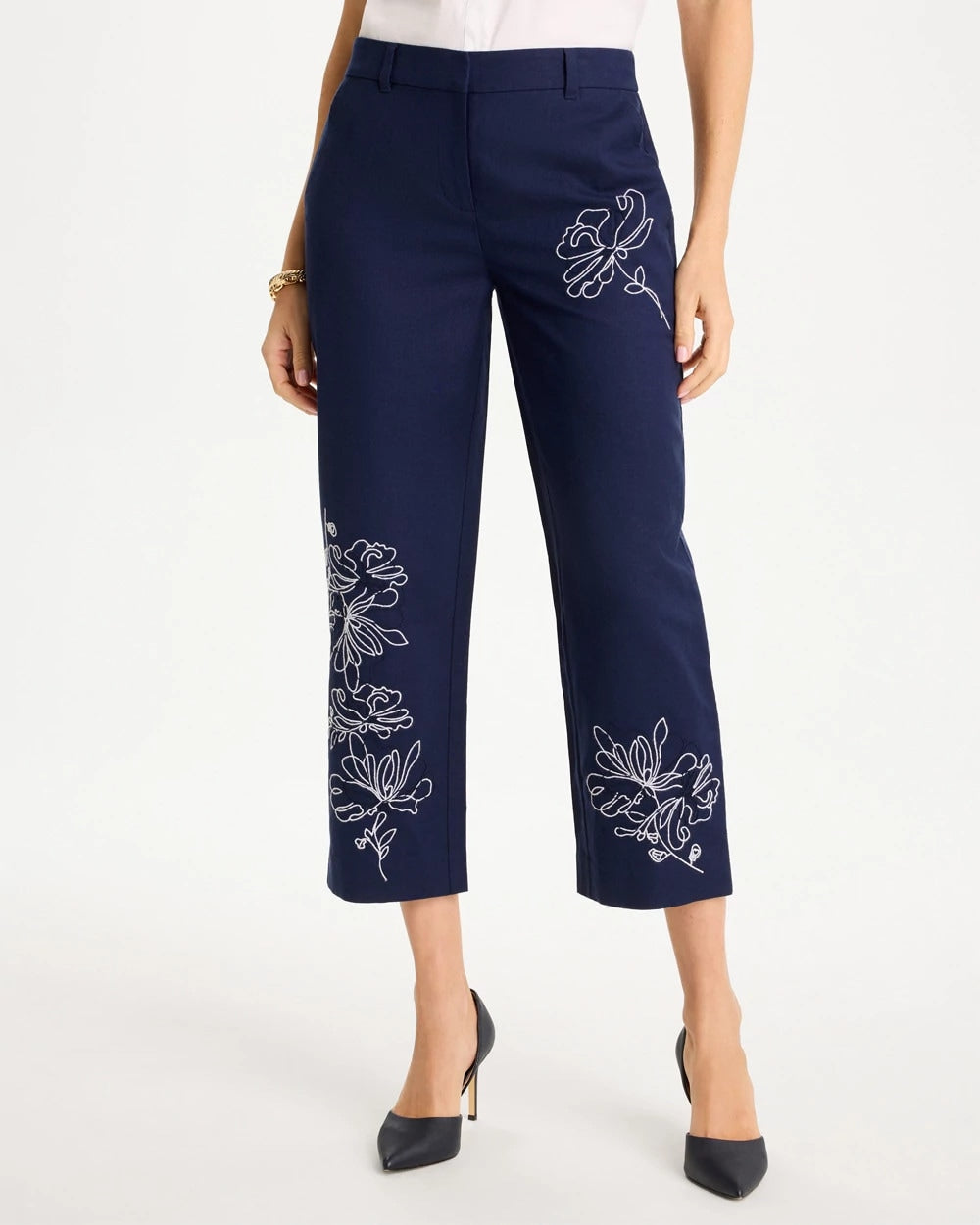 Chico's | Embroidered Linen Fly Front Pants/ Passport Blue