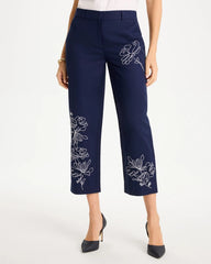 Chico's | Embroidered Linen Fly Front Pants/ Passport Blue