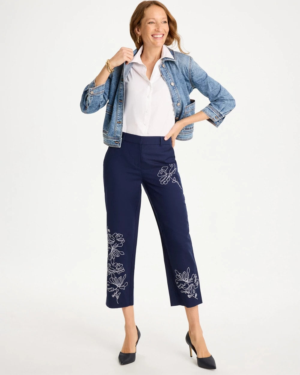 Chico's | Embroidered Linen Fly Front Pants/ Passport Blue