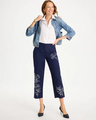 Chico's | Embroidered Linen Fly Front Pants/ Passport Blue