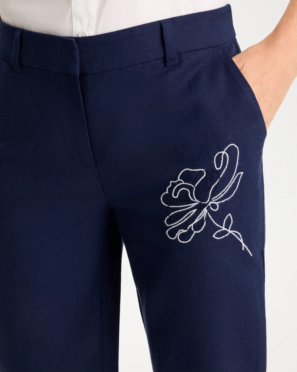 Chico's | Embroidered Linen Fly Front Pants/ Passport Blue