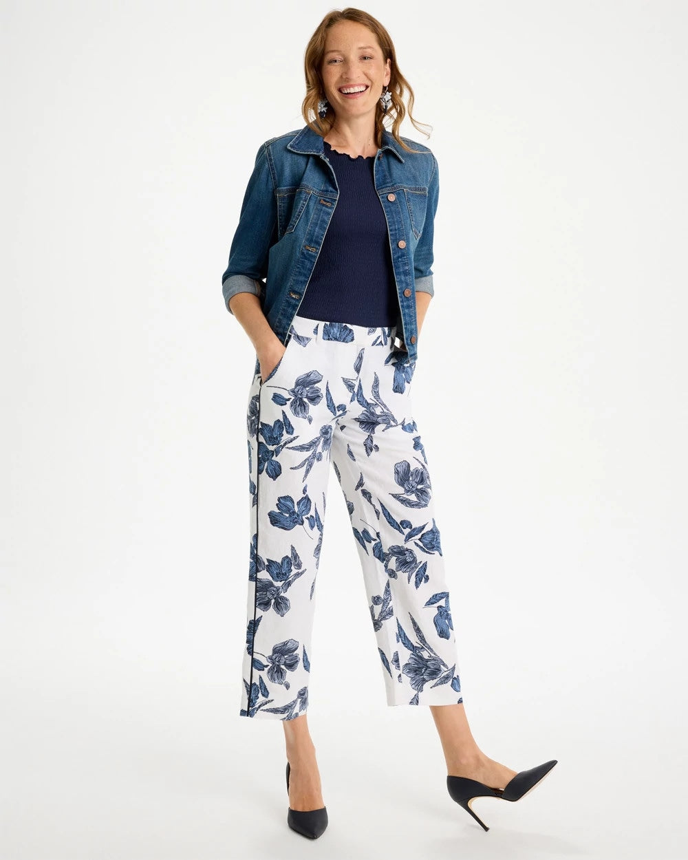 Chico's | Piped Linen Fly Front Pants/ Passport Blue