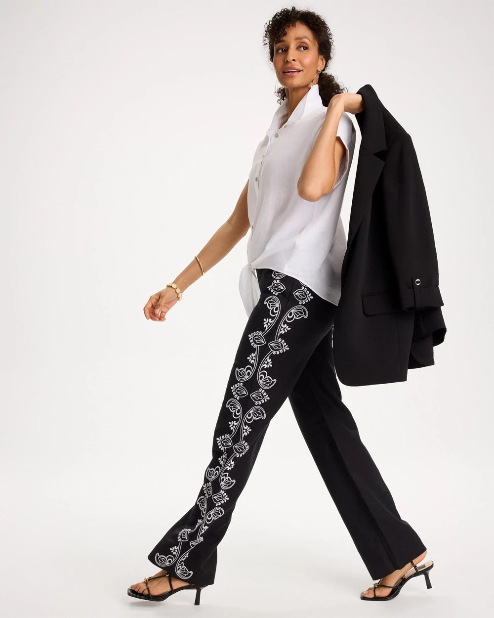Chico's | Embroidered Pull-On Wide-Leg Linen Pants/ Black
