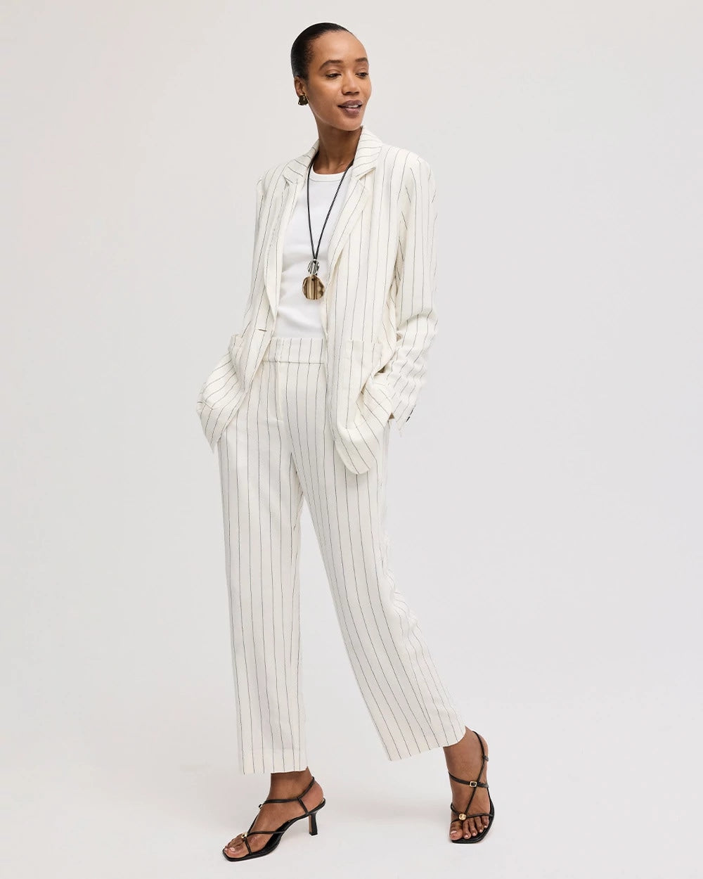 Chico's | Striped Linen Wide-Leg Ankle Pants/ Ecru