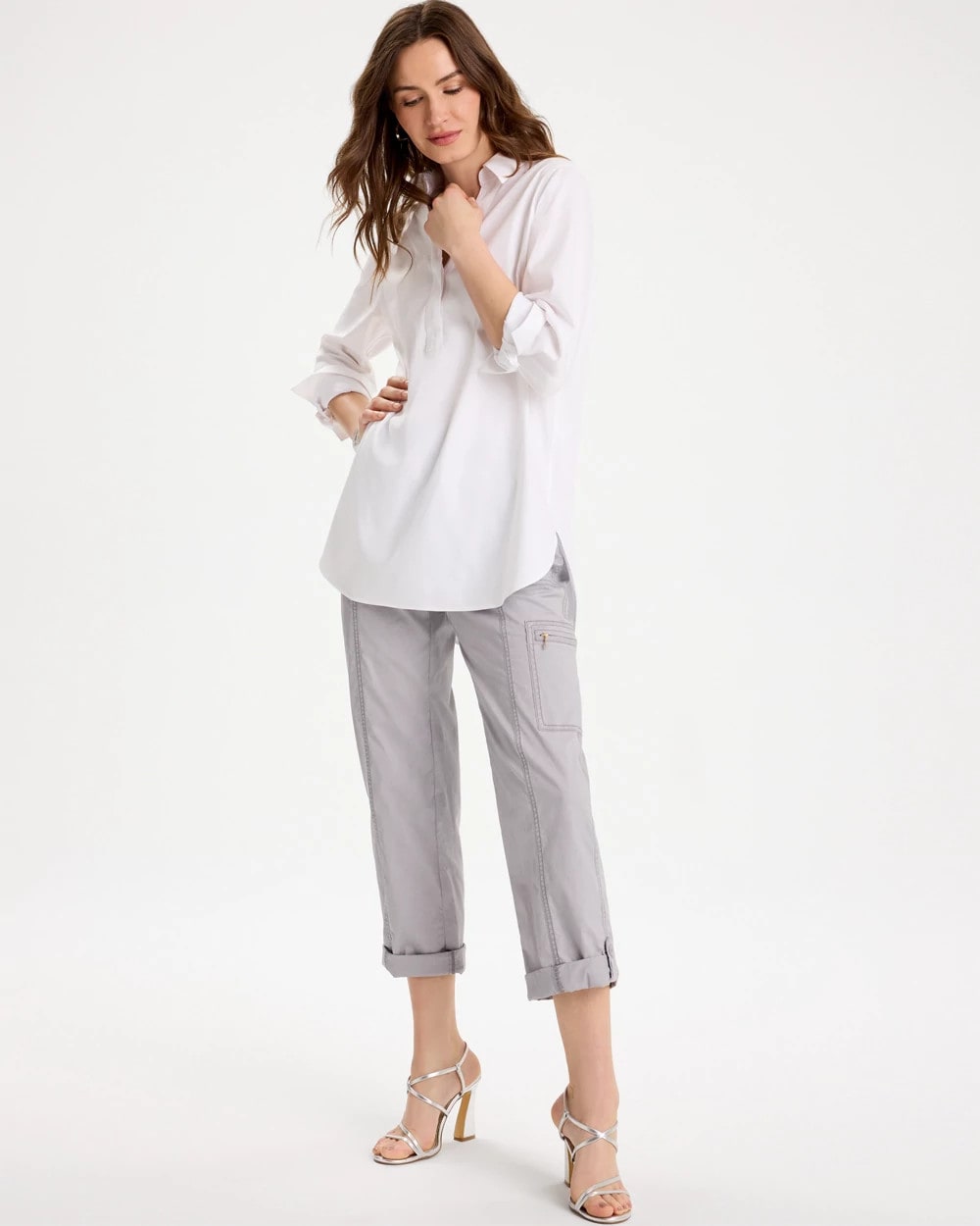 Chico's | Poplin Cropped Roll Tab Pants/ Titanium