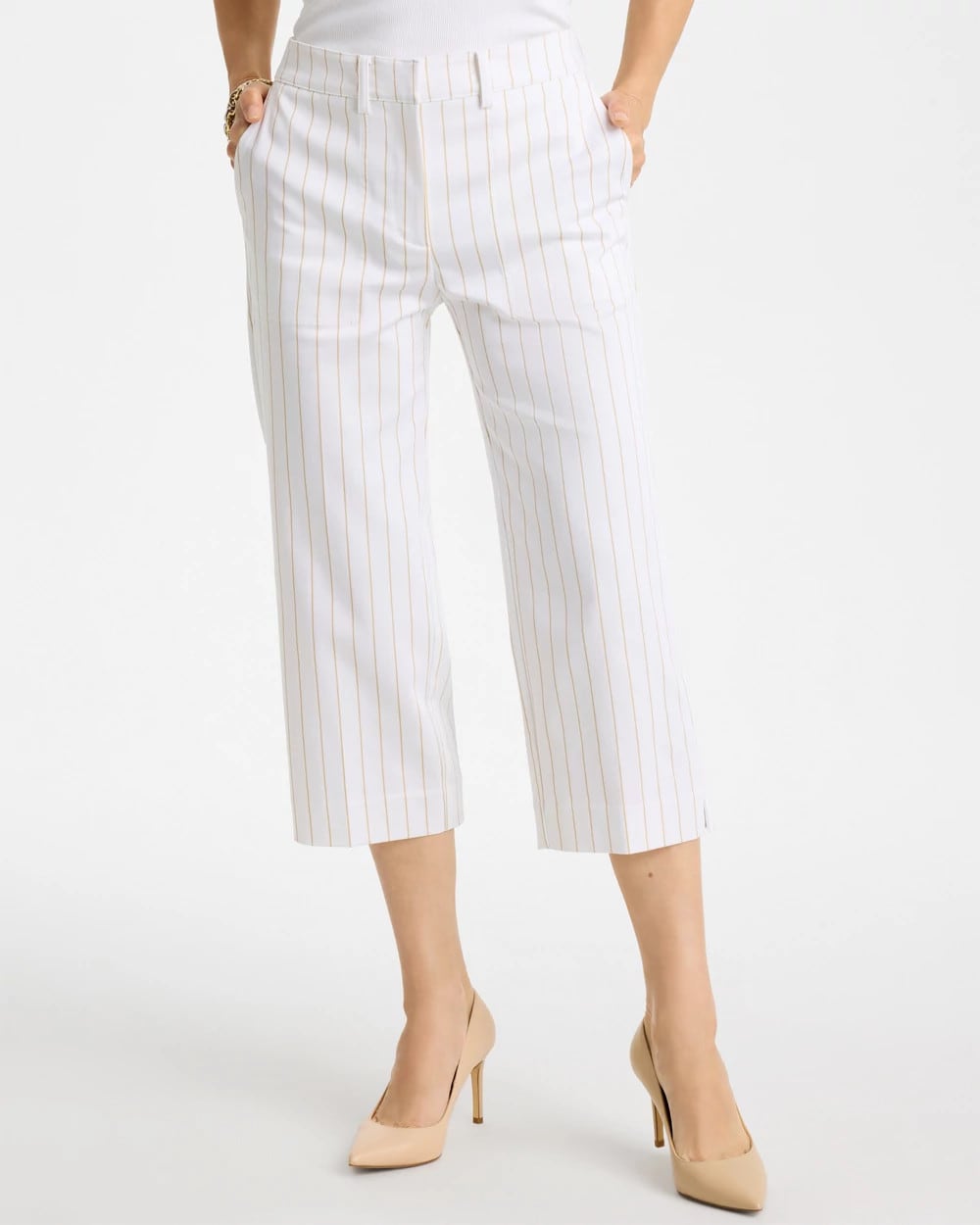 Chico's | Sandstone Striped Emme Sateen Straight Capri Pants/ Alabaster