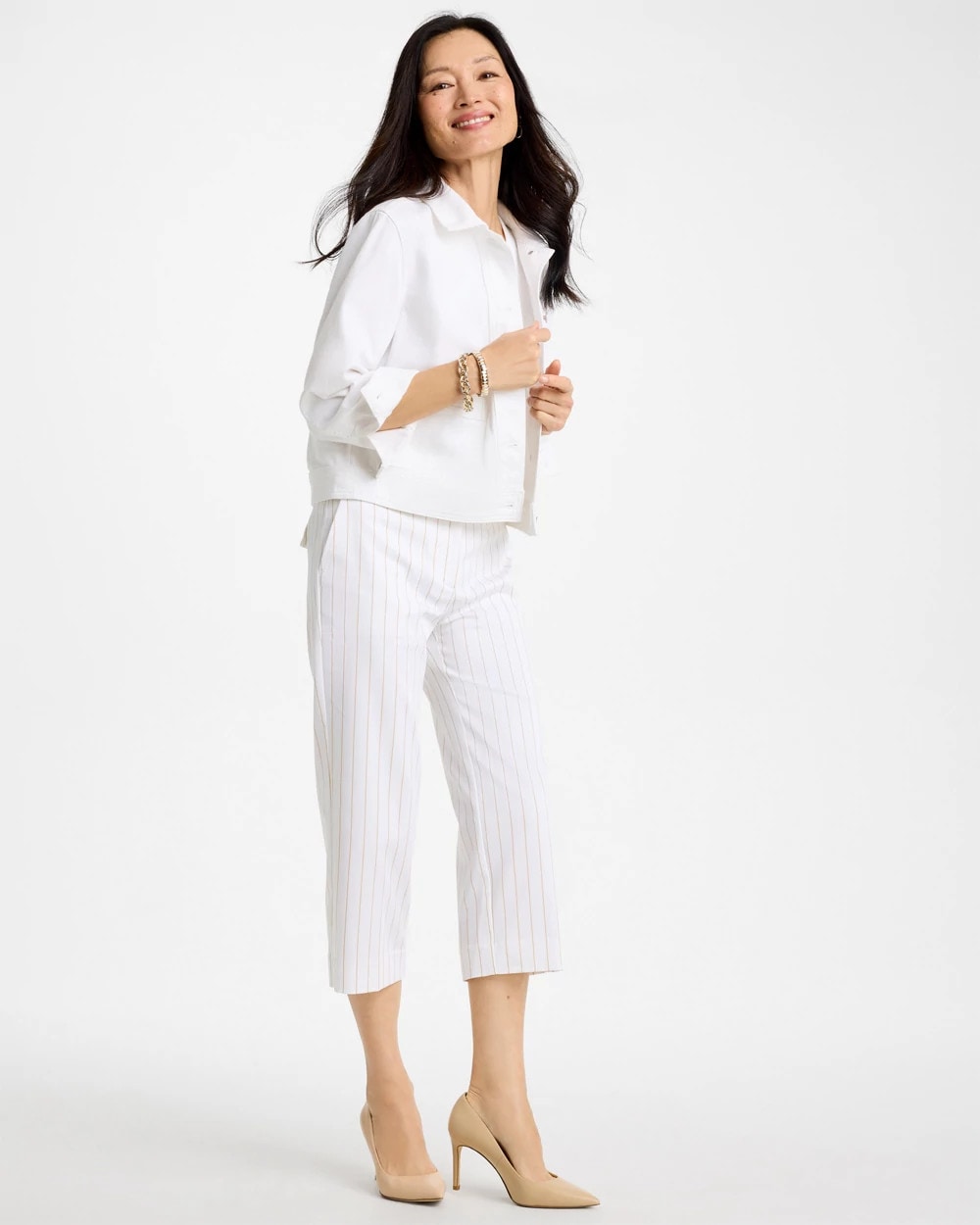 Chico's | Sandstone Striped Emme Sateen Straight Capri Pants/ Alabaster