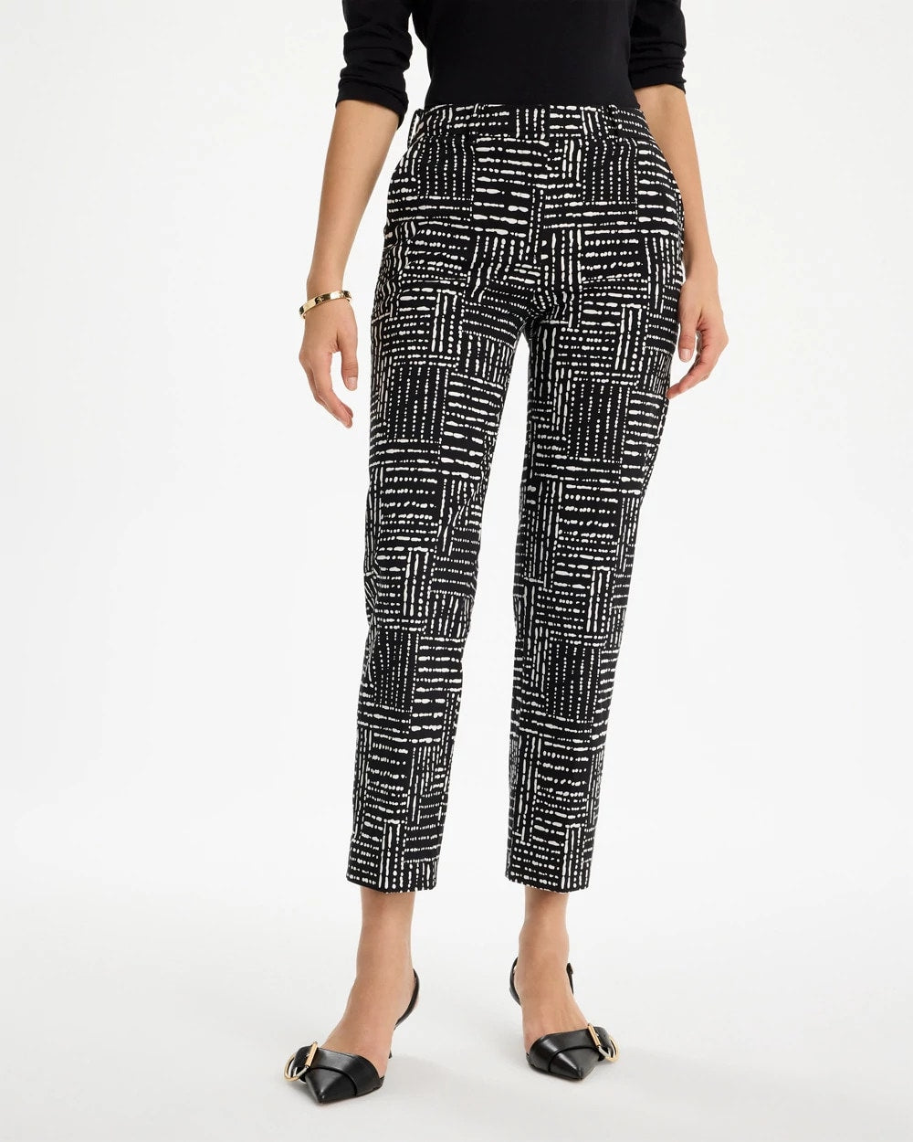 Chico's | Emme Fly Front Straight Printed Crop Pants/ Black