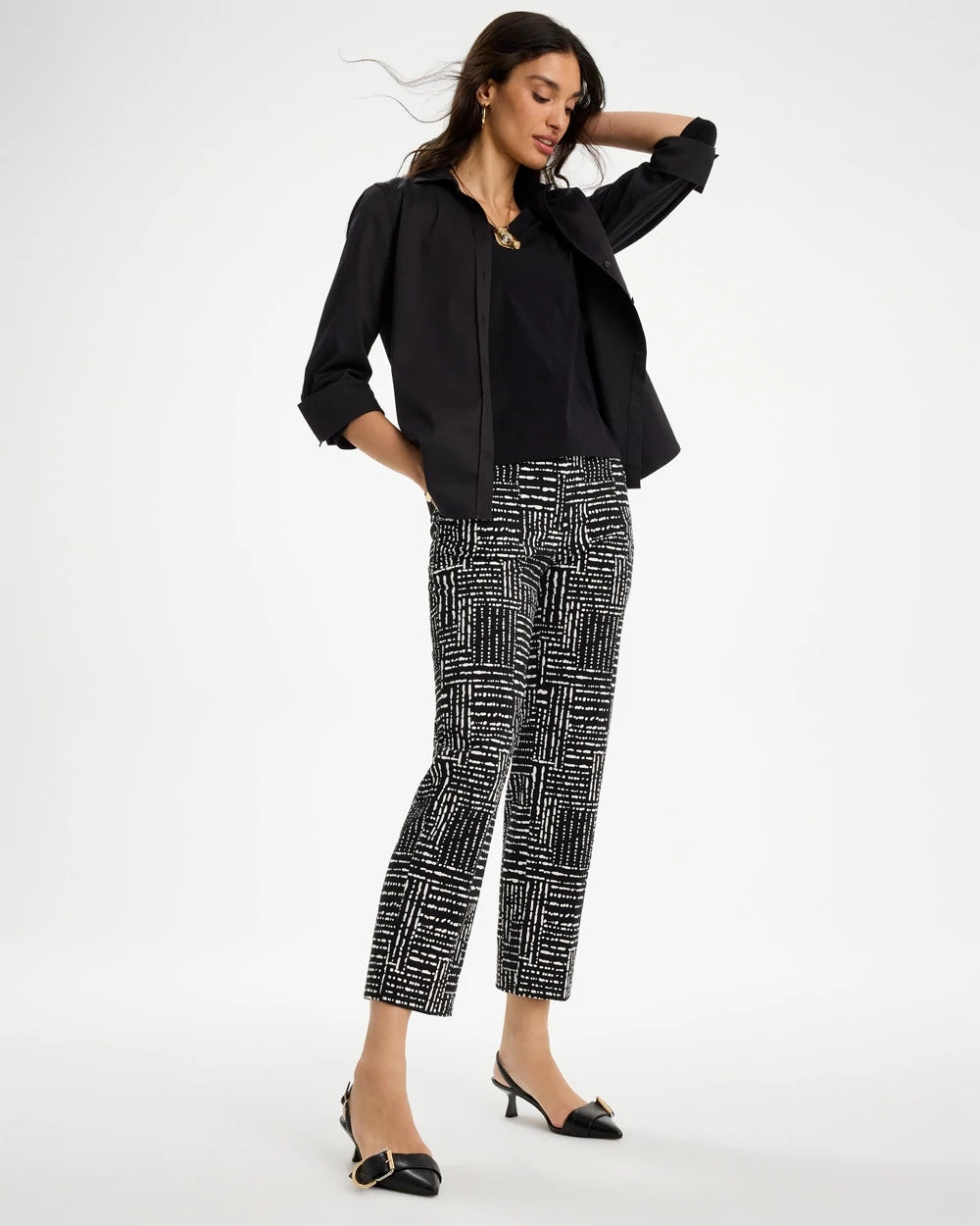 Chico's | Emme Fly Front Straight Printed Crop Pants/ Black