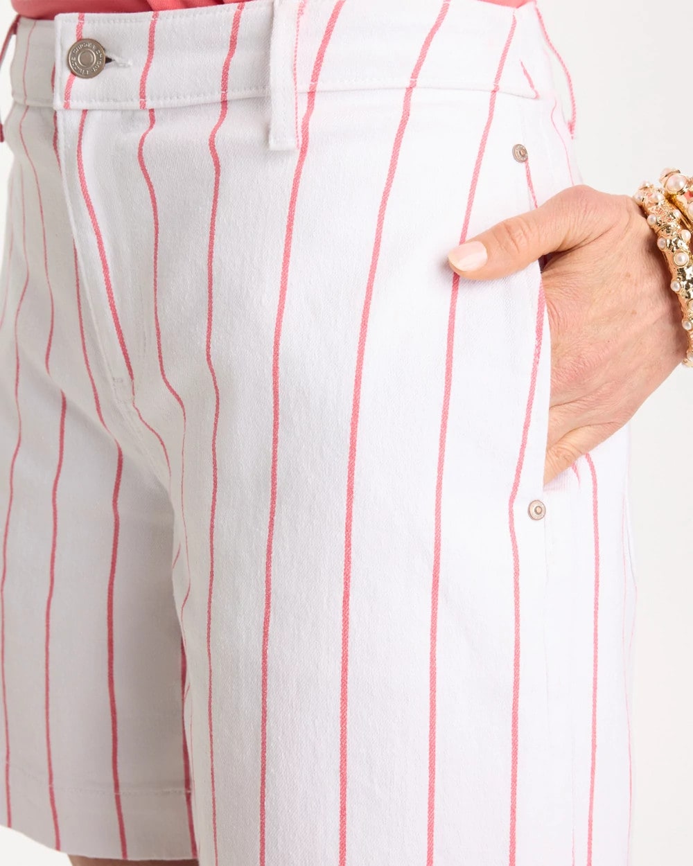 Chico's | Striped Rivet Denim Trouser Shorts/ Calypso Coral