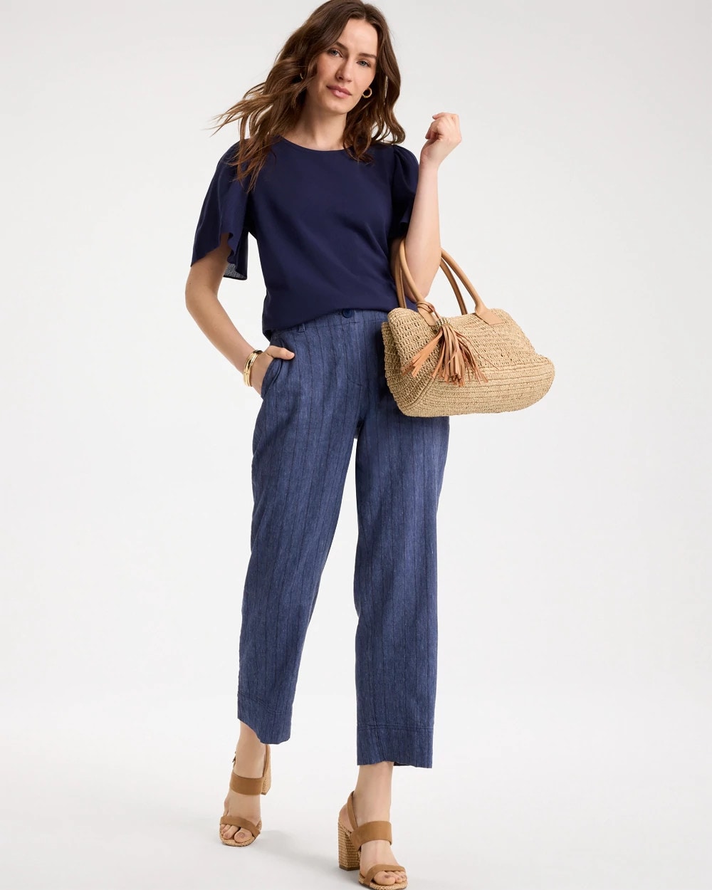 Chico's | Pinstripe Soft-Stretch Linen Crop Pant/ Navy