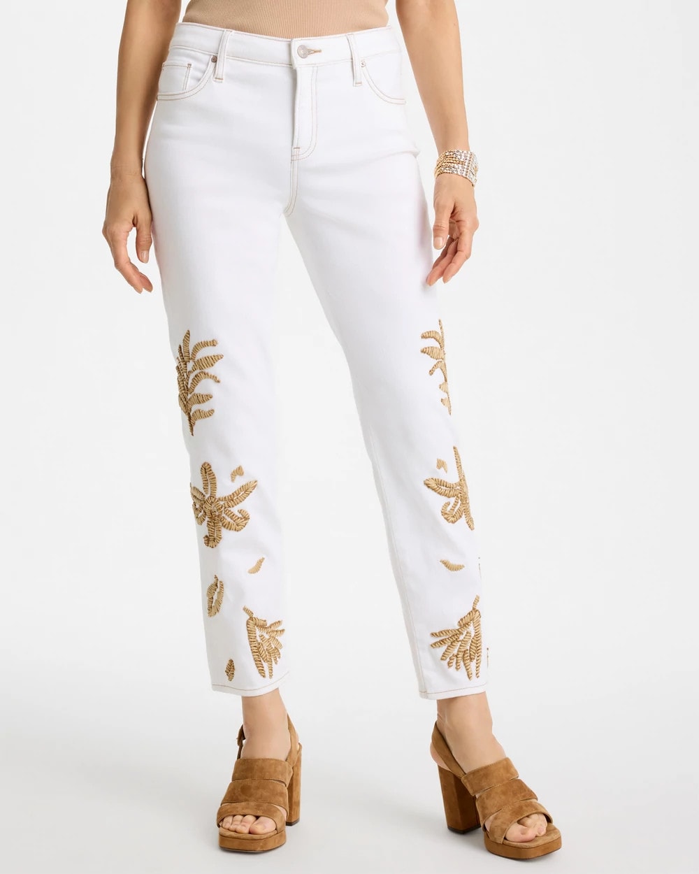 Chico's | Girlfriend Slim Raffia Palm Crop Jeans/ Alabaster