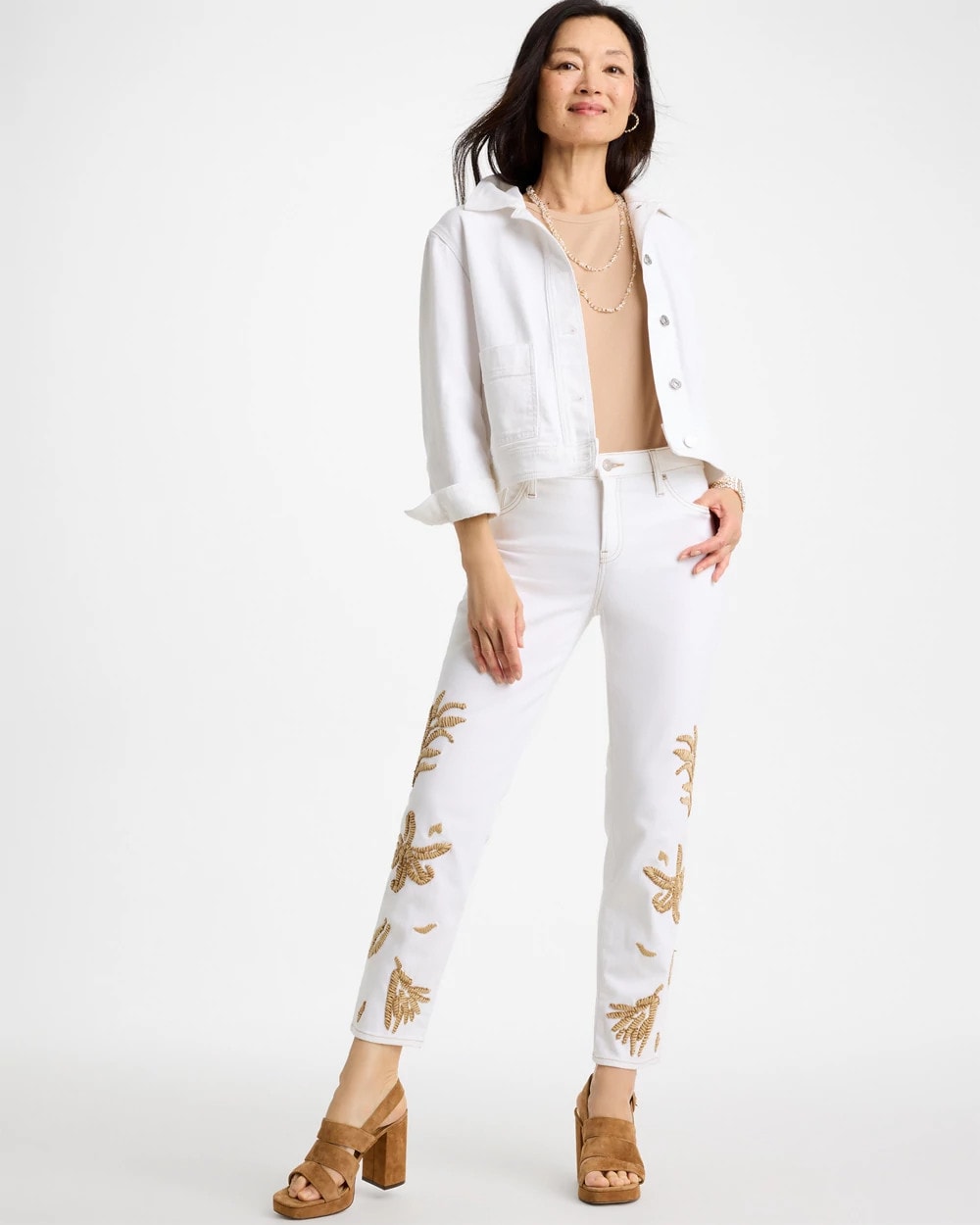 Chico's | Girlfriend Slim Raffia Palm Crop Jeans/ Alabaster