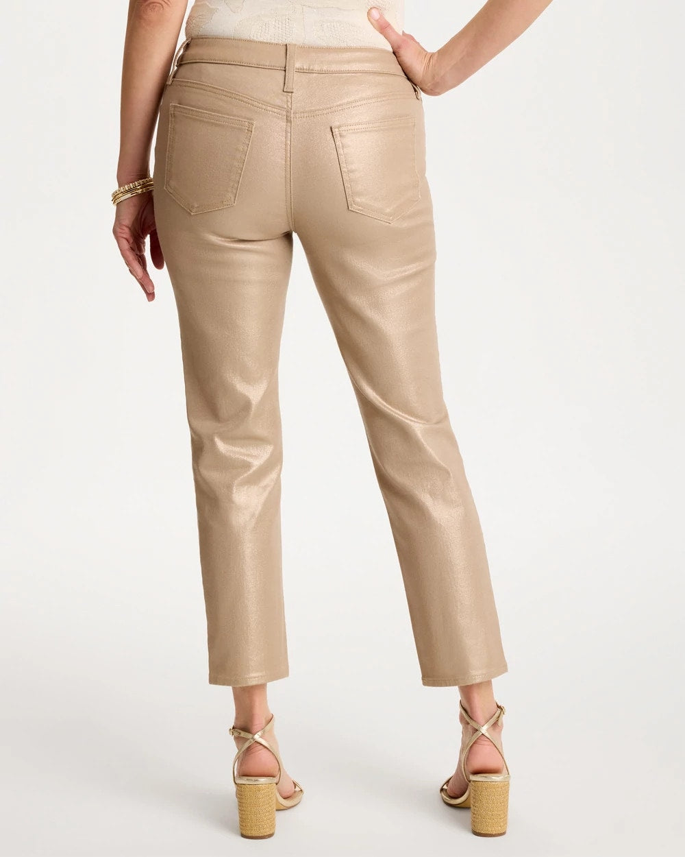 Chico's | Girlfriend Slim Coated Crop Jeans/ Gold Foil Coated