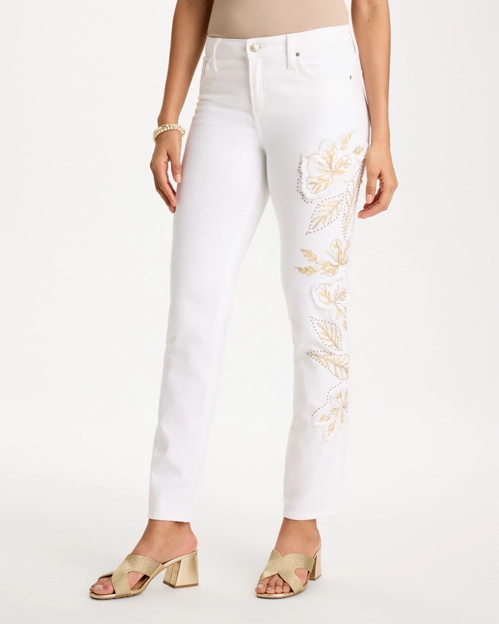 Chico's | No Stain Girlfriend Floral Embellished Slim Ankle Jeans/ Alabaster