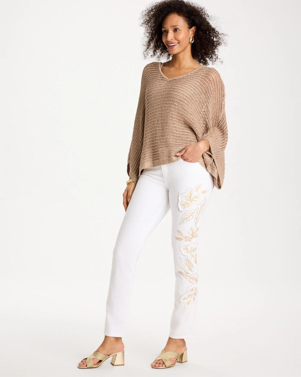Chico's | No Stain Girlfriend Floral Embellished Slim Ankle Jeans/ Alabaster