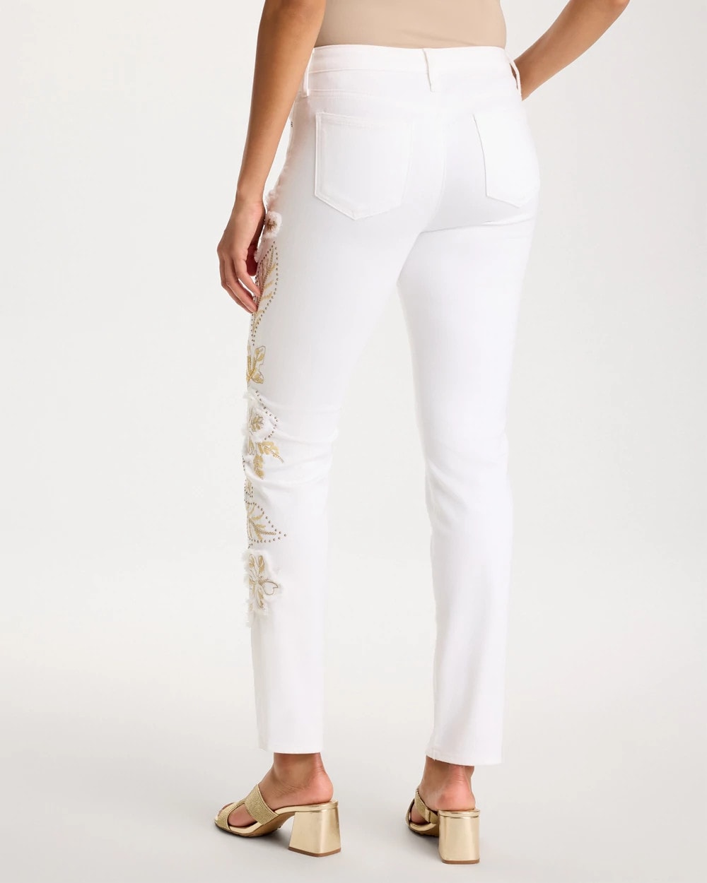 Chico's | No Stain Girlfriend Floral Embellished Slim Ankle Jeans/ Alabaster