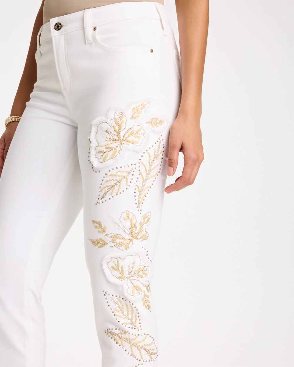 Chico's | No Stain Girlfriend Floral Embellished Slim Ankle Jeans/ Alabaster