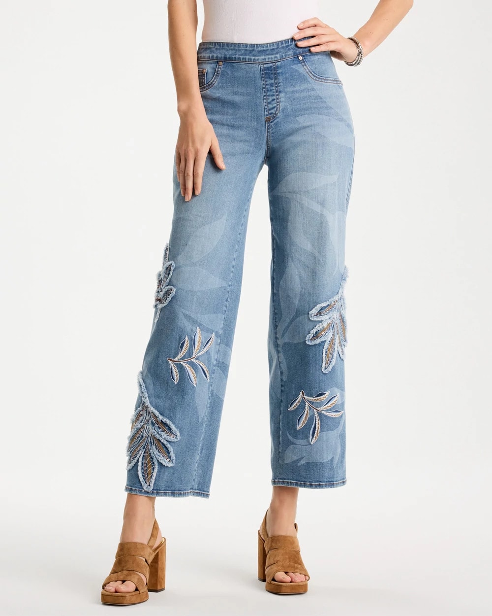 Chico's | Tropical Embroidery Pull-On Wide Crop Jean/ Pashmina Indigo