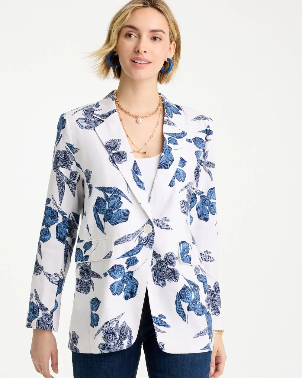Chico's | Linen Printed Piped Boyfriend Blazer/ Alabaster