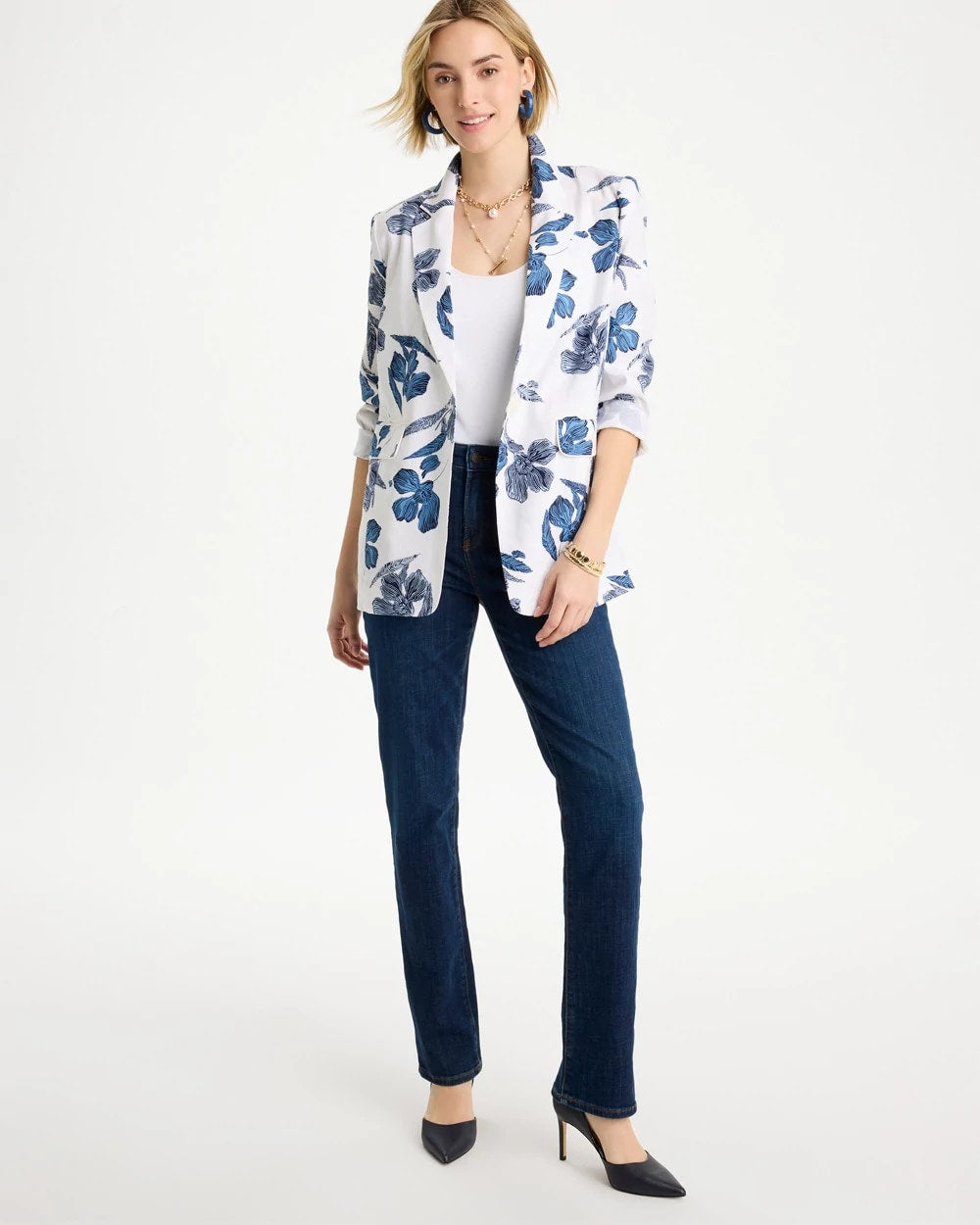 Chico's | Linen Printed Piped Boyfriend Blazer/ Alabaster
