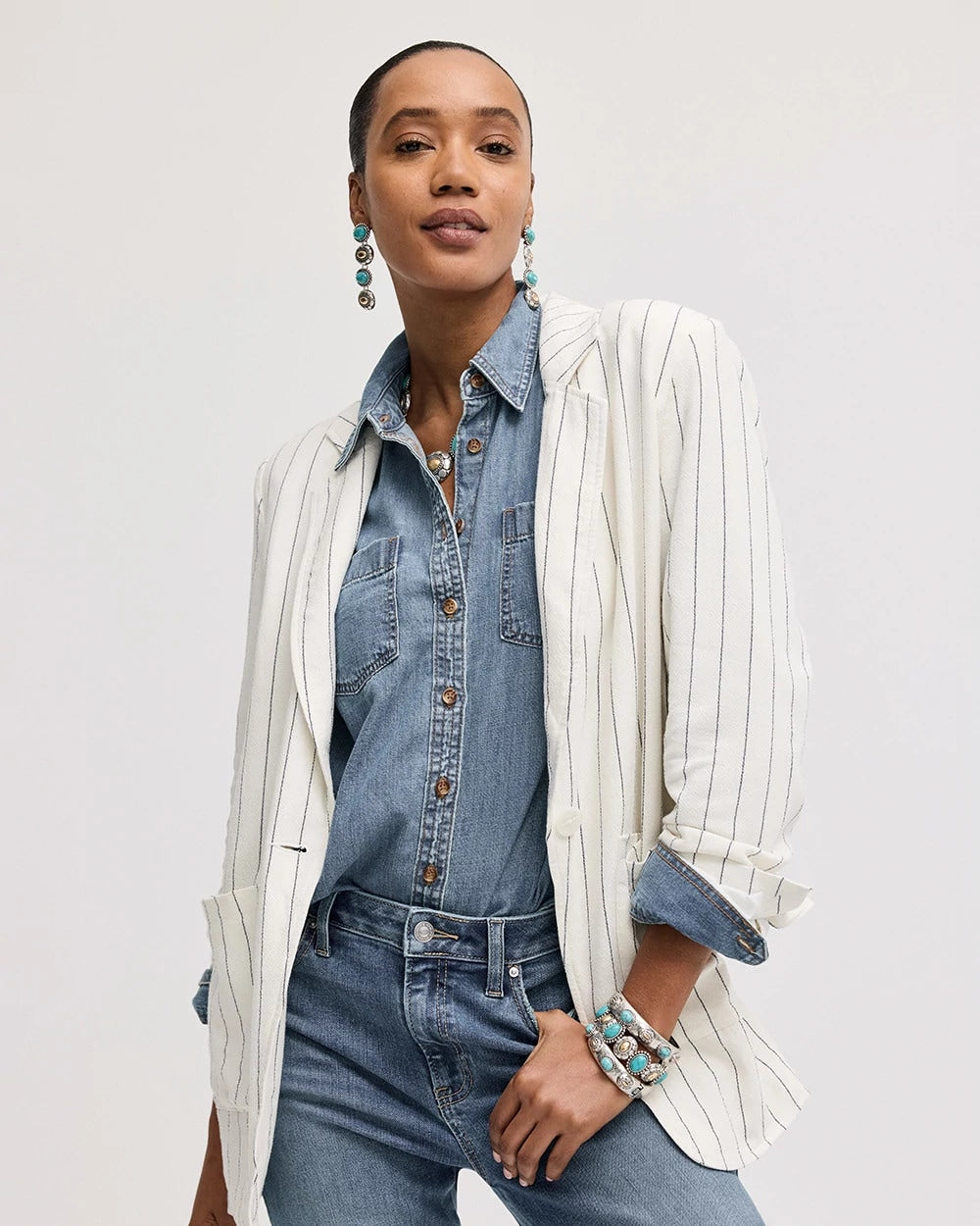 Chico's | Linen-Blend Striped Boyfriend Blazer/ Ecru