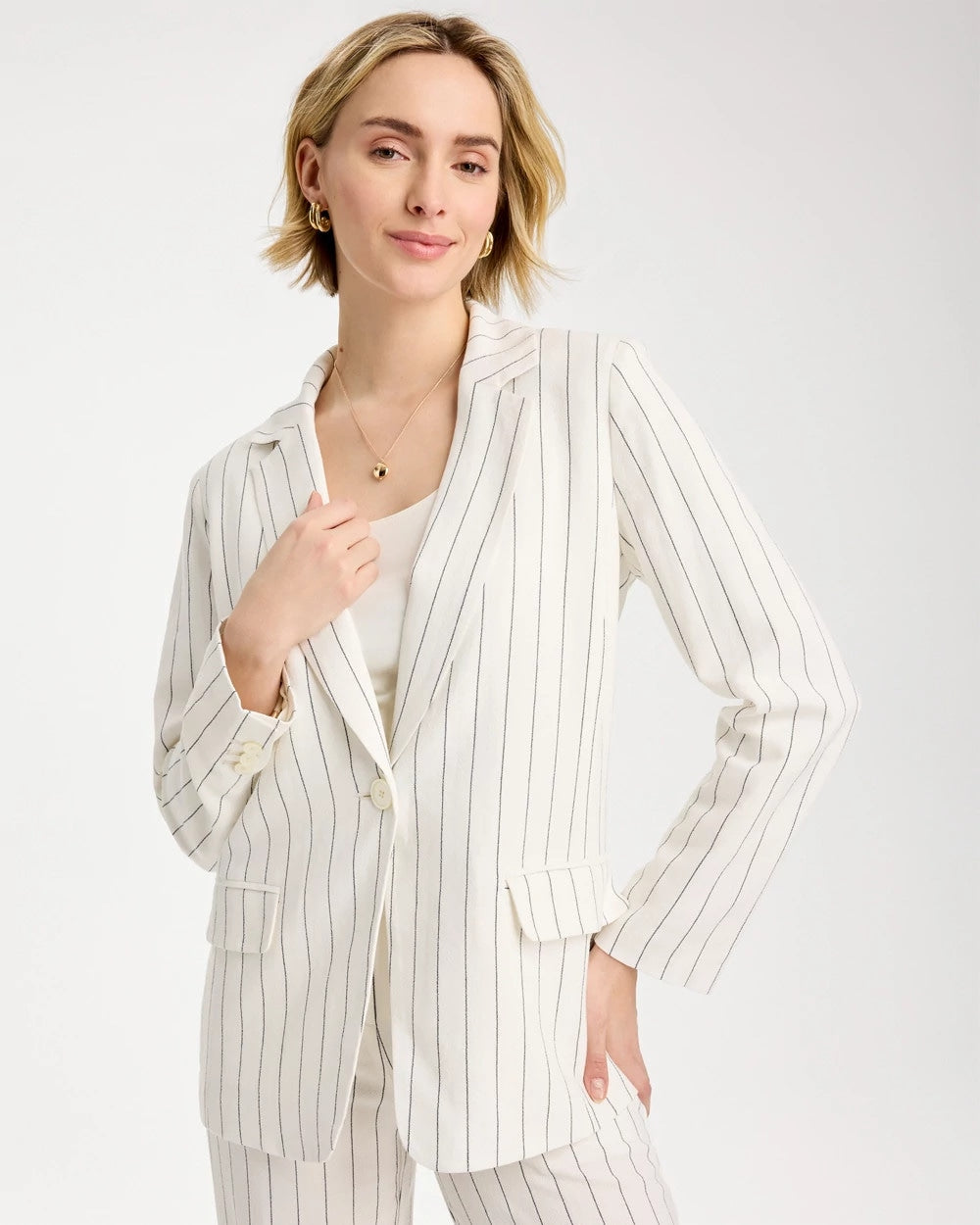 Chico's | Linen-Blend Striped Boyfriend Blazer/ Ecru