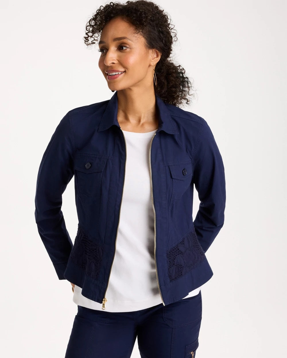 Chico's | Poplin Cotton Lace Peplum Jacket/ Passport Blue