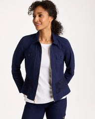 Chico's | Poplin Cotton Lace Peplum Jacket/ Passport Blue