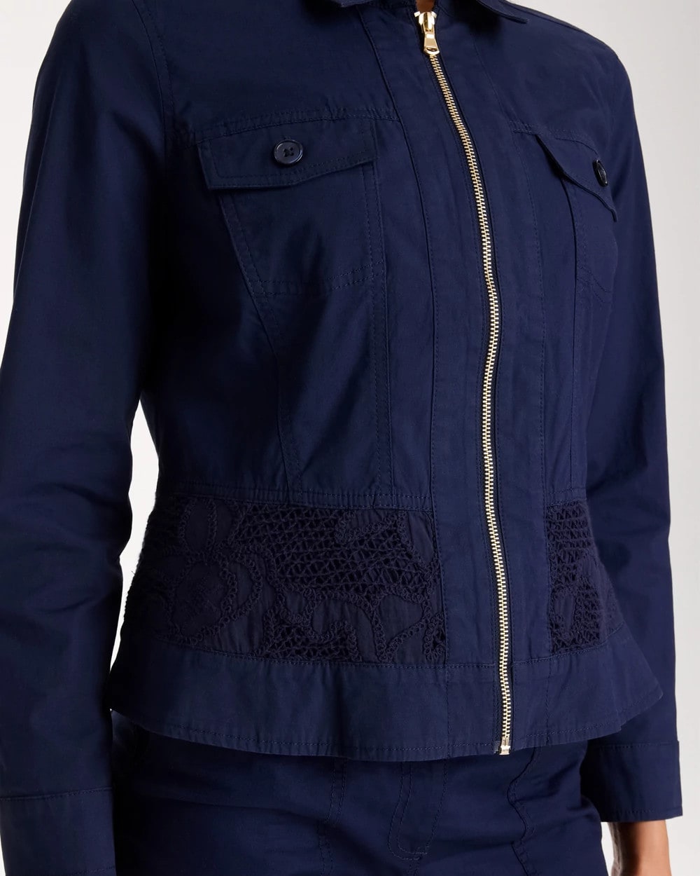 Chico's | Poplin Cotton Lace Peplum Jacket/ Passport Blue