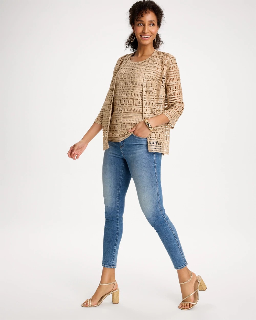 Chico's | Travelers™ Metallic Crochet Cardigan/ Gold